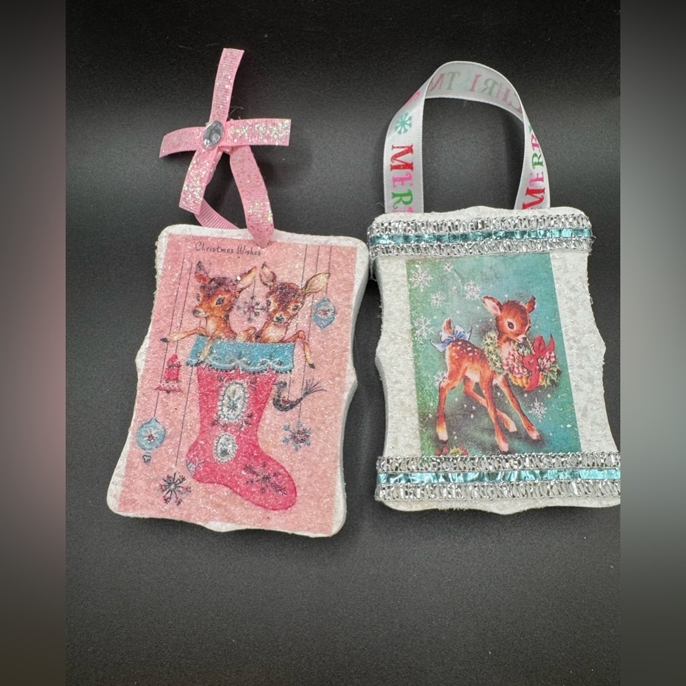 New OOAK Set of 2 Retro-Inspired Pink and Blue Reindeer Christmas Ornaments